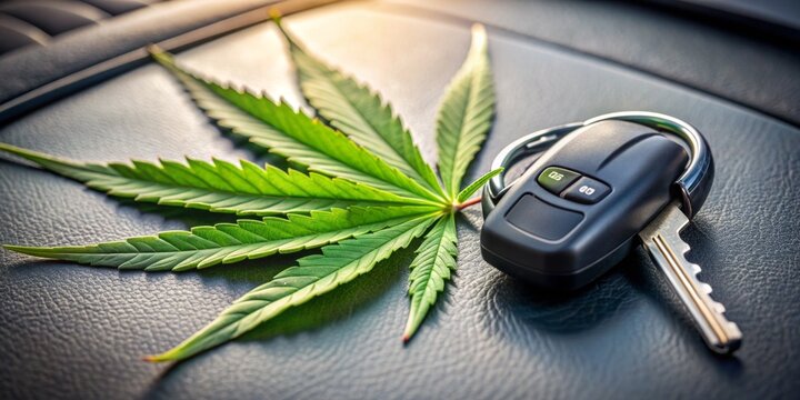 A cannabis leaf rests on a car's console, surrounded by car keys, symbolizing the dangers of driving under the influence and illegal drug transportation.