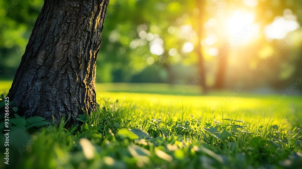 Aufkleber Blur background of sunlight shining though the tree with grass field Soft light nature photography Peaceful nature and solitude concept Design for relaxation and meditation spaces Clea : Generative AI