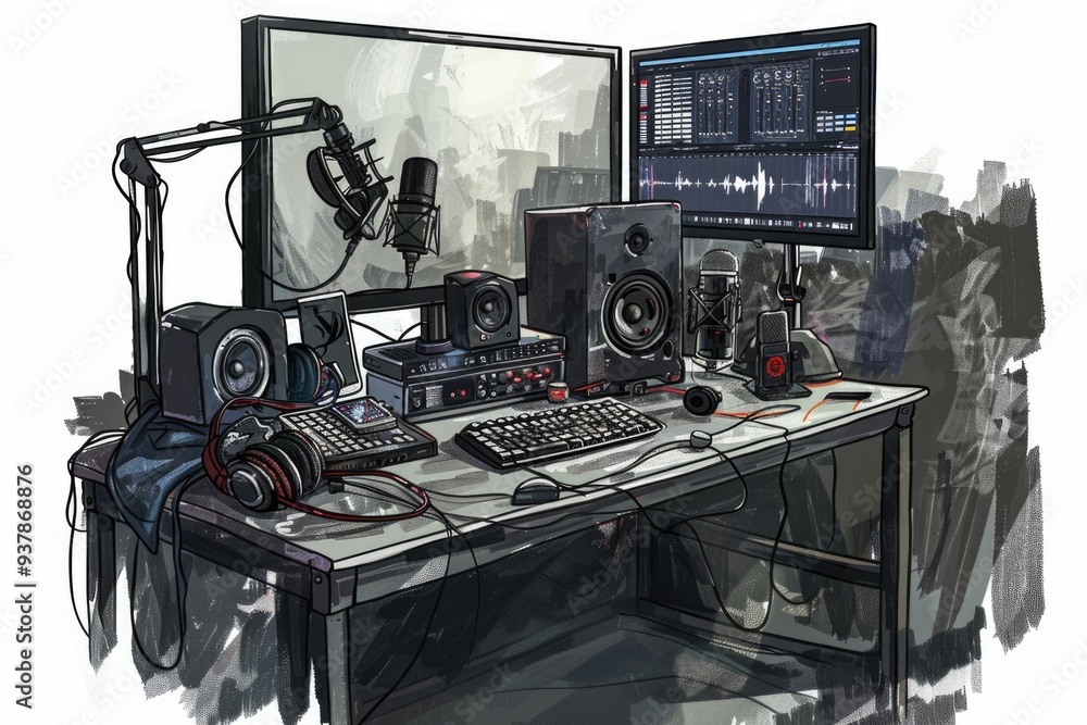 Poster a desk setup with a keyboard, monitor, and speakers for work or home use