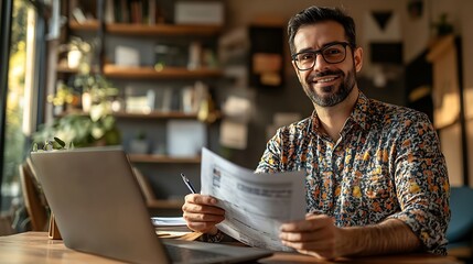 A portrait of a cheerful male financial advisor holding a finance report in his hand and sitting in front of a laptop at a wooden desk at home : Generative AI