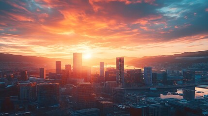 Fototapeta premium Oslo Norway sunrise city skyline at business district and Barcode Project : Generative AI