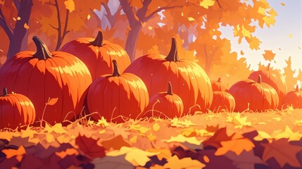 Anime style illustration, flat anime illustration of Pumpkin patch with a variety of pumpkins scattered across the field, warm autumn light casting long shadows, vibrant foliage in the background