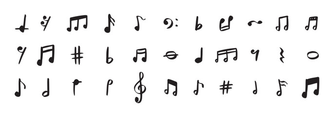 Notes doodle set hand drawn with a black pen. Sketch music drawing note 