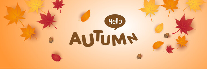 Hello Autumn vector template design with falling leaves. Vector illustration