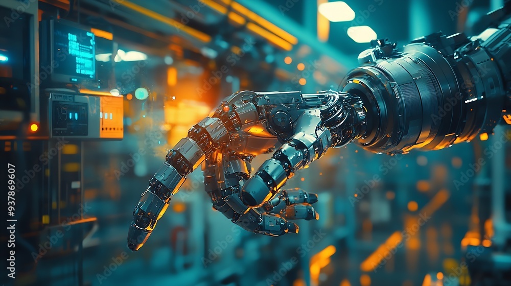 Poster MLP Mechanized industry robot arm and factory worker double exposure Concept of robotics technology for industrial revolution and automated manufacturing process : Generative AI