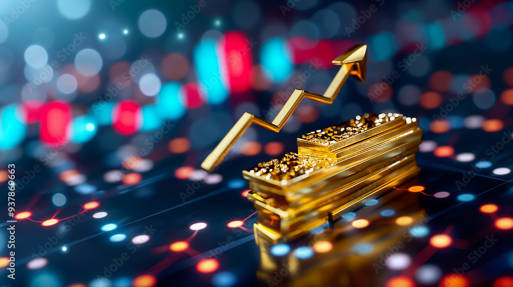 Poster golden bars placed on a trading chart highlight economic growth, represented by an upward arrow amid
