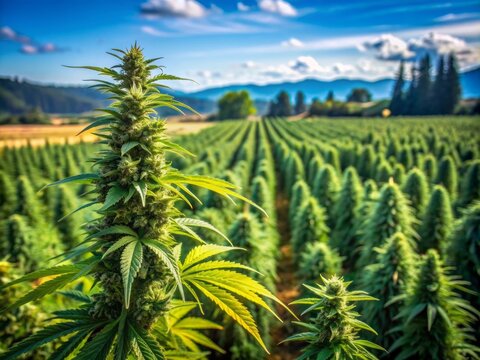 Vibrant green cannabis plants with thick, resinous buds and flowering colas thrive under sunny skies on a lush, rustic farm with winding rows and fertile soil.