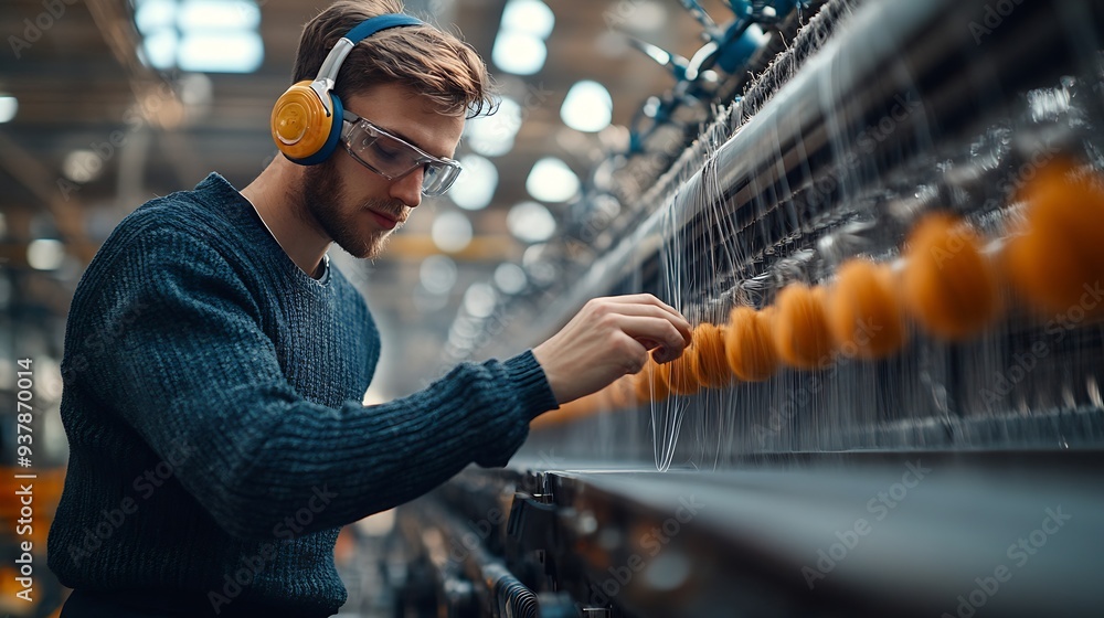 Poster textile industry factory worker with earmuffs standing by large industrial knitting machine and chec