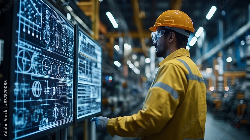 Poster Worker following factory production line uses screens with industry Internet of things Smart factory digital transformation : Generative AI