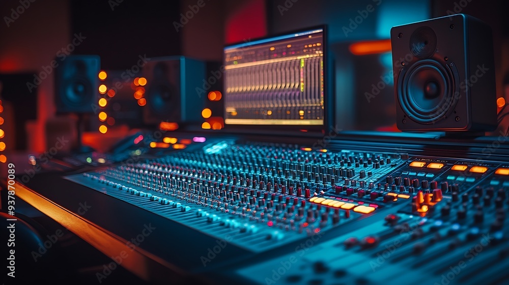 Poster empty studio at home equipped with mixing soundboard panel and other musical instruments music indus