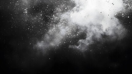 A dramatic black and white abstract composition featuring swirling clouds of dust and particles, creating a sense of mystery and depth. 