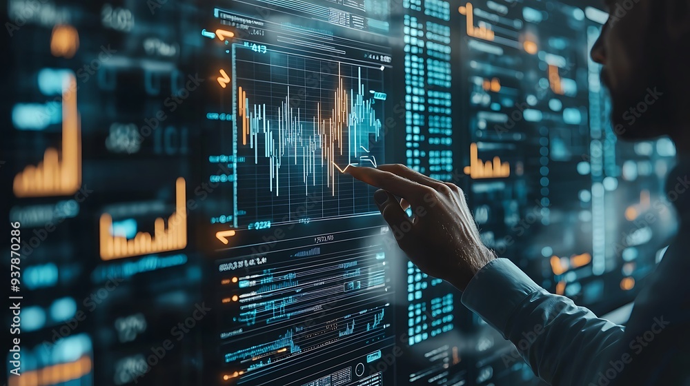 Aufkleber businessman analyzing data on digital screen with graphs and charts, blending the analytical and str