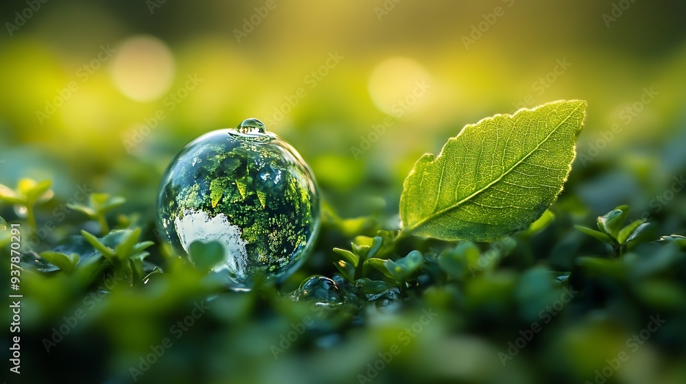 Aufkleber water drop and leaf with earth for sustainability and awareness of climate change nature and environ