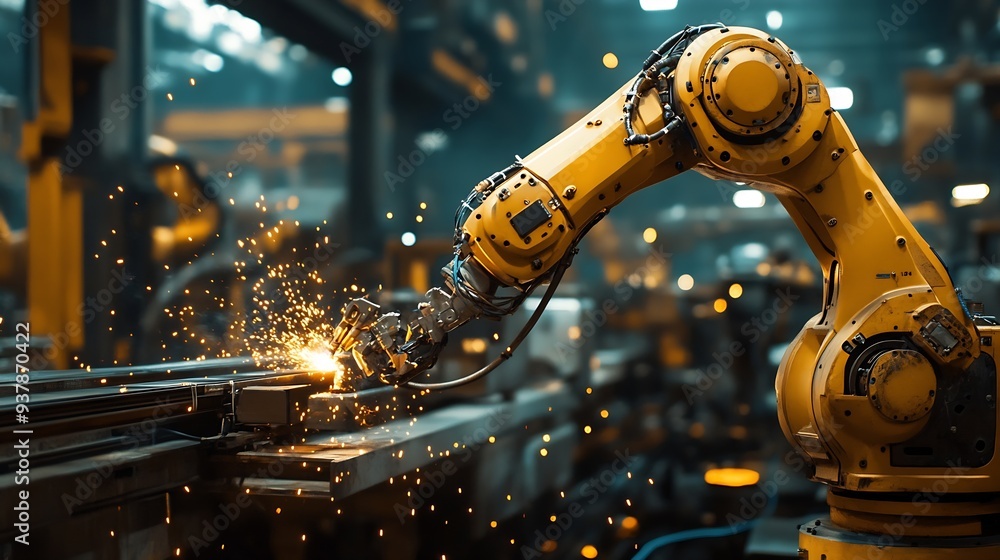 Poster Engineers team mechanic using computer controller Robotic arm for welding steel in steel factory workshop Industry robot programming software for automated manufacturing technology : Generative AI