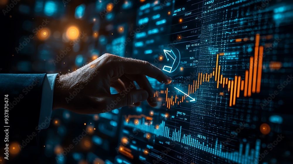 Poster businessman analyzing financial data with charts and graphs, capturing the focus and precision requi