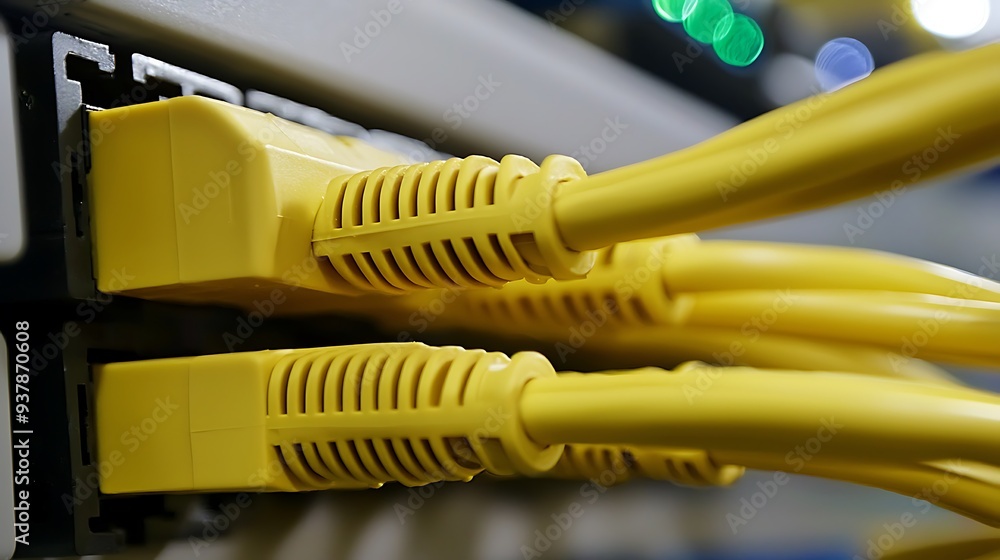 Poster yellow ethernet cables connected to network switch, symbolizing the flow of information and the conn