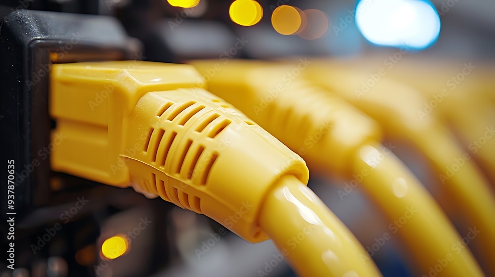 Poster yellow network cables connected to server rack, highlighting the importance of reliable infrastructu