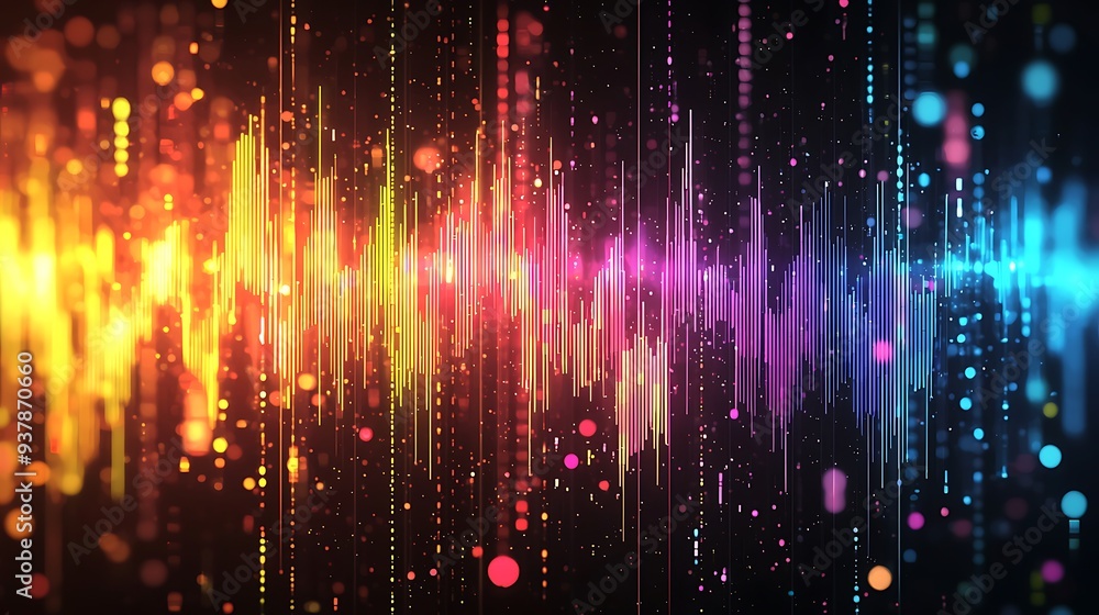 Poster abstract colorful sound wave background with bokeh lights, illustrating the vibrant and dynamic ener