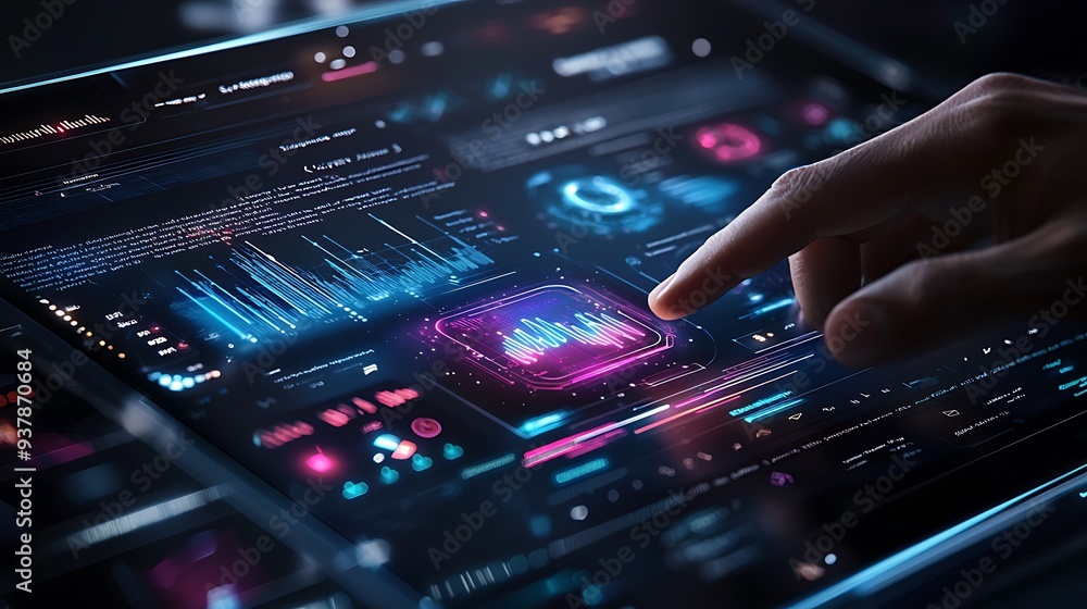 Poster hand interacting with futuristic user interface on tablet, illustrating the seamless integration of 