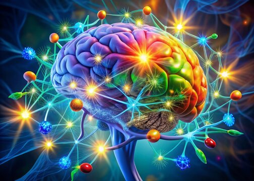 Vibrant 3D brain model highlighting receptors and neural pathways, with colorful arrows and icons showcasing medical marijuana's effects on serotonin, dopamine, and pain relief.