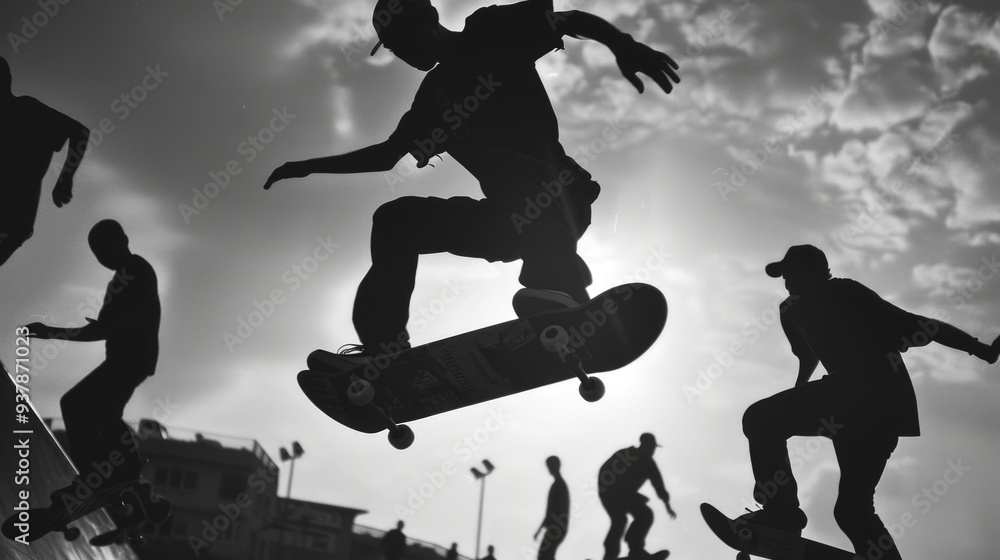 Wall mural A person on a skateboard doing a trick, suitable for use in sports or action-themed contexts