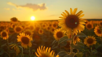 Obraz premium Sunflower agricultural field looks beautiful at sunset 