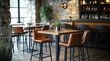 Seating area with bar tables and bar chairs in a modern cafe industrial style with stone wall wood and black steel : Generative AI