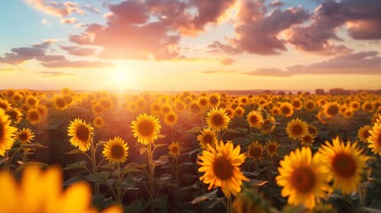 Obraz premium Sunflower agricultural field looks beautiful at sunset 