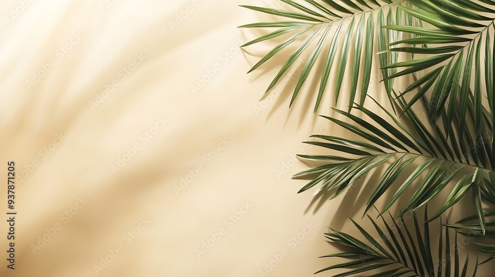 Aufkleber natural palm leaf shadow on light beige sandy color background banner with copyspace summer minimal 