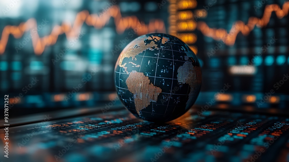 Poster Stock market graphs and data with globe in foreground : Generative AI