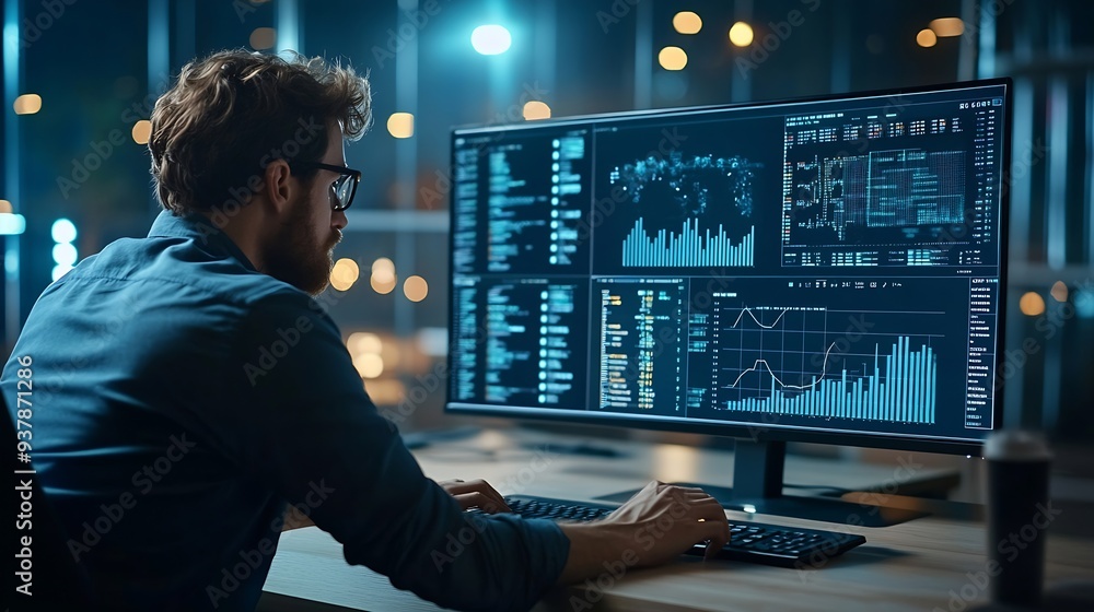 Poster Businessman working with data management system on computer to make report with KPI and metrics connected to database finance operations sales marketing KPI business performance indica : Generative AI