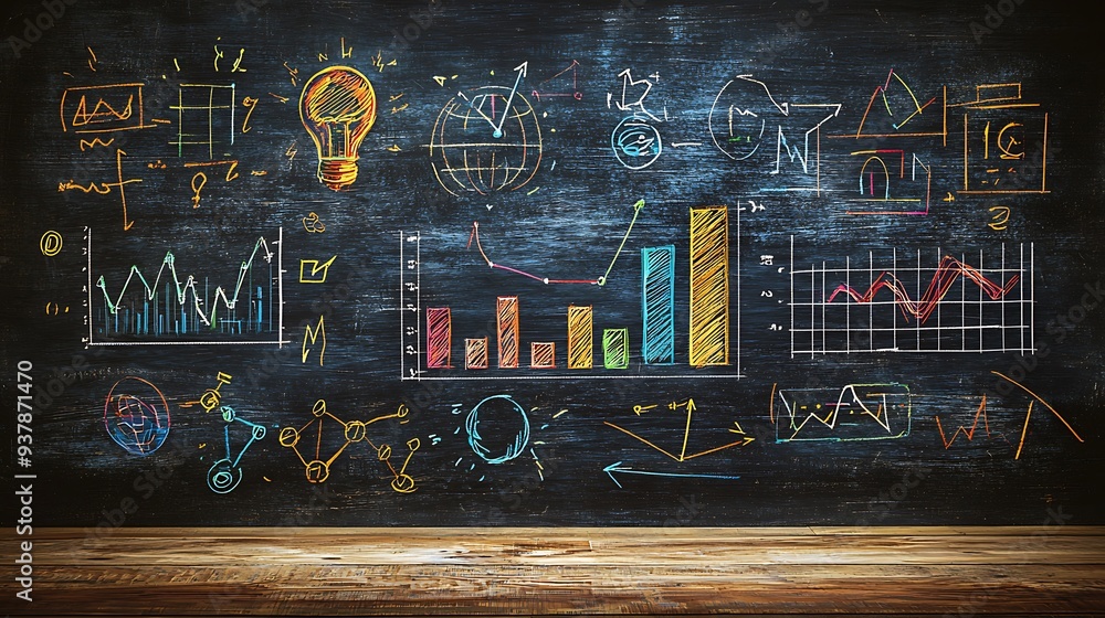Poster chalkboard with business graphs and charts on wooden table, blending traditional tools with modern i