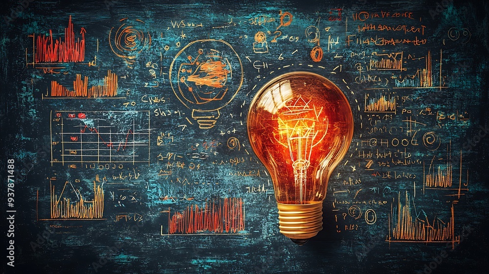 Poster glowing light bulb on blackboard with charts and graphs, symbolizing the spark of innovation and the