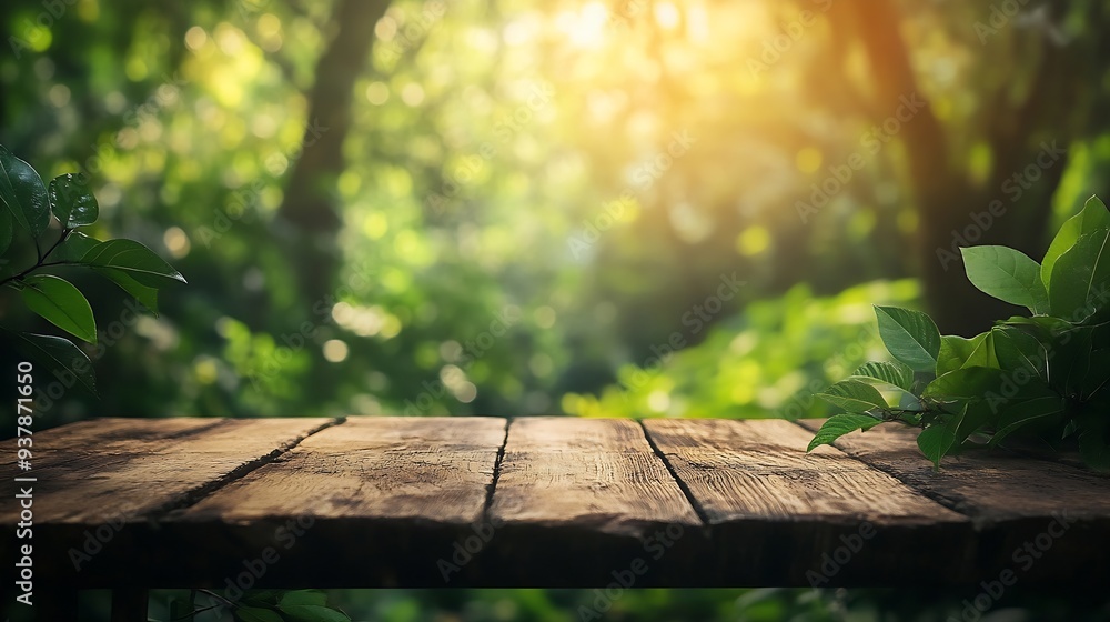 Poster empty wood table top with blur background of nature lush green forest the table giving copy space fo