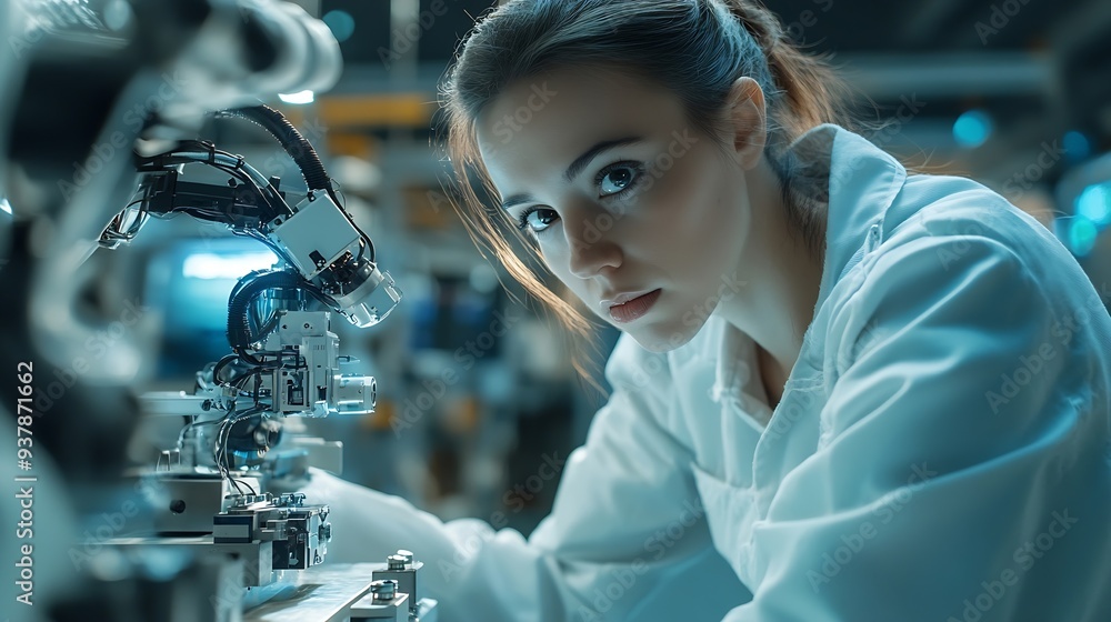 Leinwandbilder Industrial engineer working on robot maintenance in AI futuristic electronic technology factory Female technician checking automated robotic machine Modern smart woman empowerment in i : Generative AI