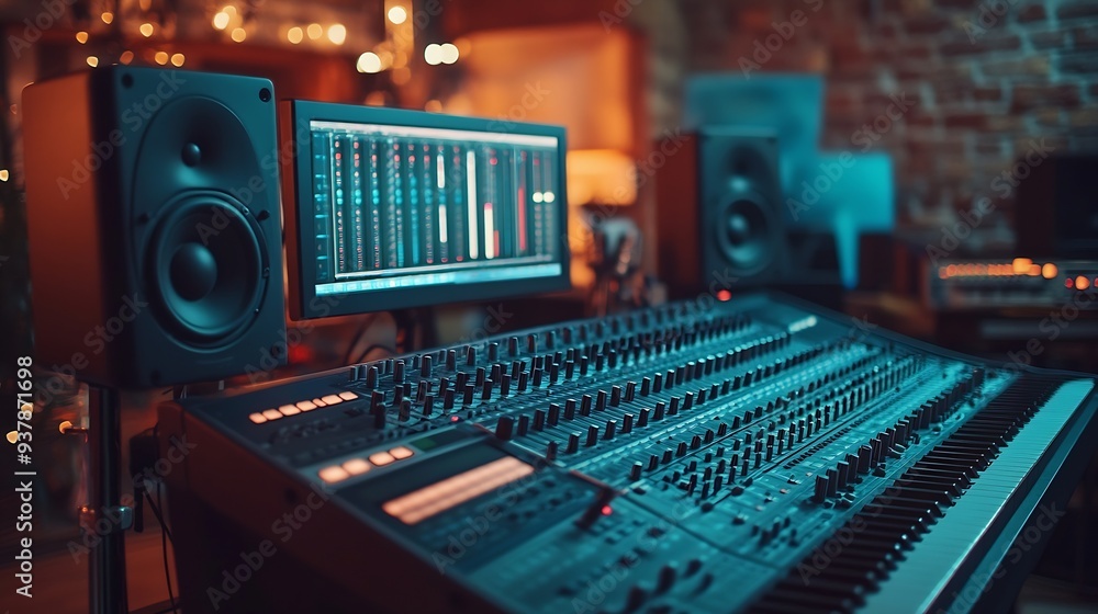 Poster empty studio at home equipped with mixing soundboard panel and other musical instruments music indus