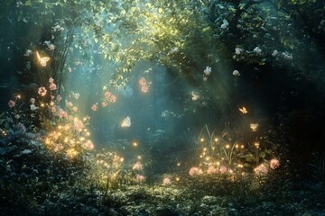 Obraz premium A magical forest scene filled with glowing flowers and butterflies. Light filters through the trees creating a serene atmosphere. This enchanting image sparks imagination. Generative AI