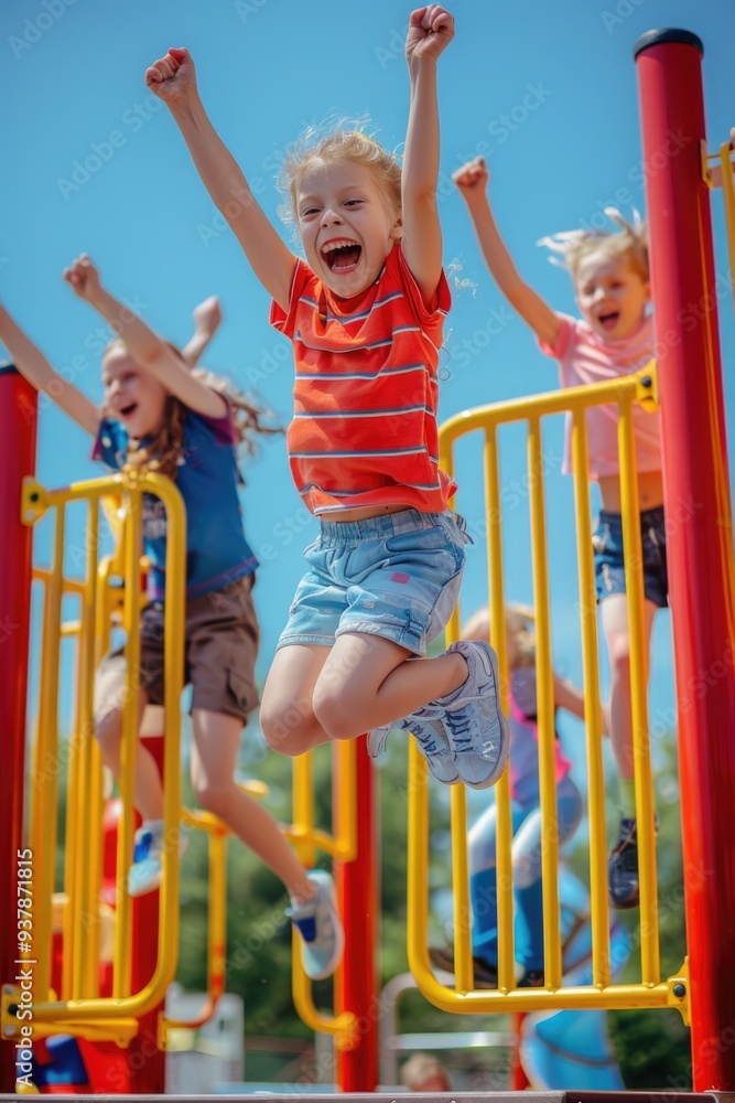 Poster group of kids playing together on a playground with swings and slides