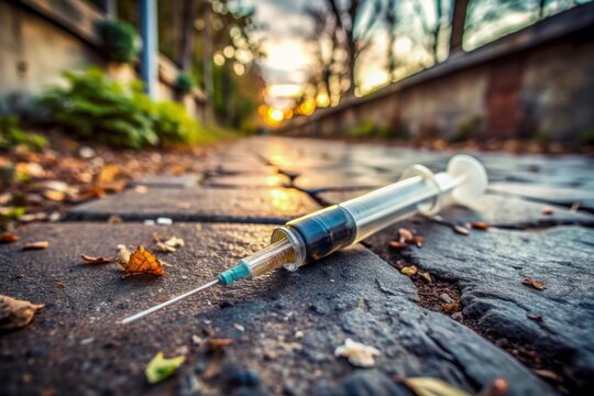 A carelessly abandoned syringe lies on the dirty pavement, symbolizing the pervasive threat of drug abuse and infectious diseases to community health and safety.