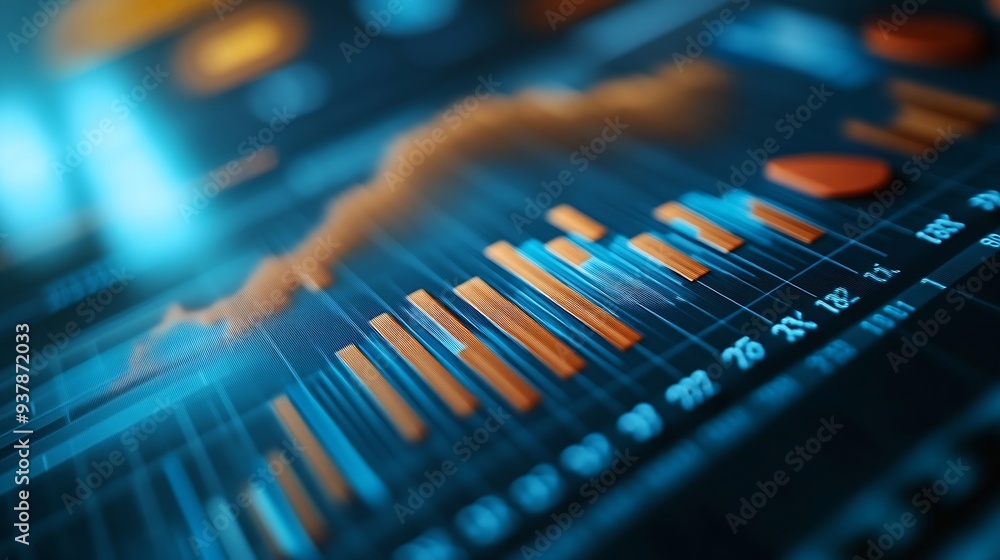 Aufkleber chart graph finance stock analysis financial digital growth investment investor use pen to measuring level bar chart via indicator and pie chart virtual risk management control and str : Generative AI
