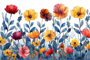 Fototapeta premium autumn themed different wildflowers spacing, watercolor clipart on white background 