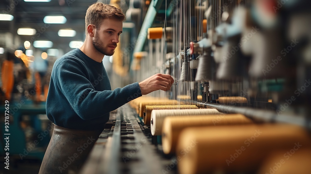 Poster textile industry machine with threads and worker in background : generative ai