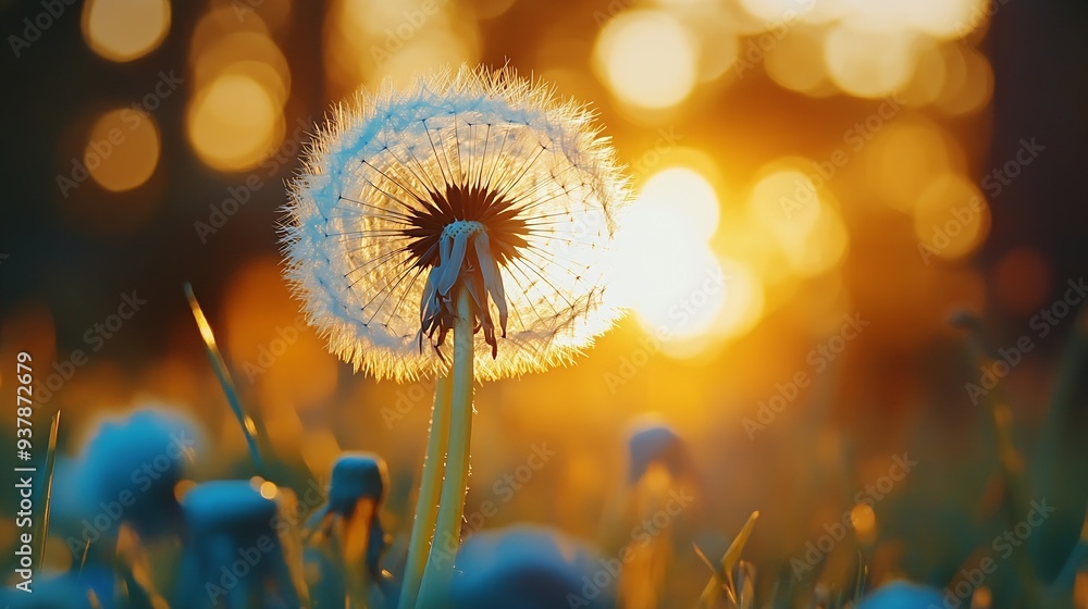 Aufkleber Big white dandelion in a forest at sunset Macro image shallow depth of field Abstract summer nature background : Generative AI