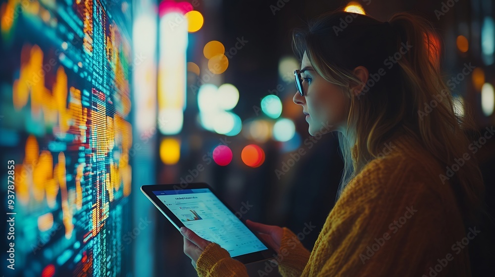 Aufkleber search scroll and woman with tablet in hand for investment digital information and finance news webs