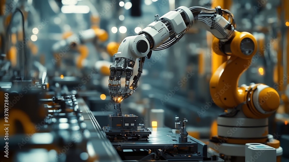 Poster MLP Mechanized industry robot and robotic arms for assembly in factory production Concept of artificial intelligence for industrial revolution and automation manufacturing process : Generative AI
