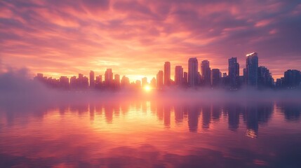 Obraz premium Panoramic View of Modern City Building Skyline on West Coast Pacific Ocean Dramatic Sunrise Sky Art Render Stanley Park Coal Harbour Downtown Vancouver British Columbia Canada : Generative AI