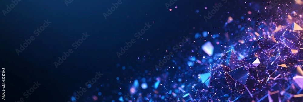 Poster futuristic digital abstract background with geometric shapes and particle effects in blue and purple
