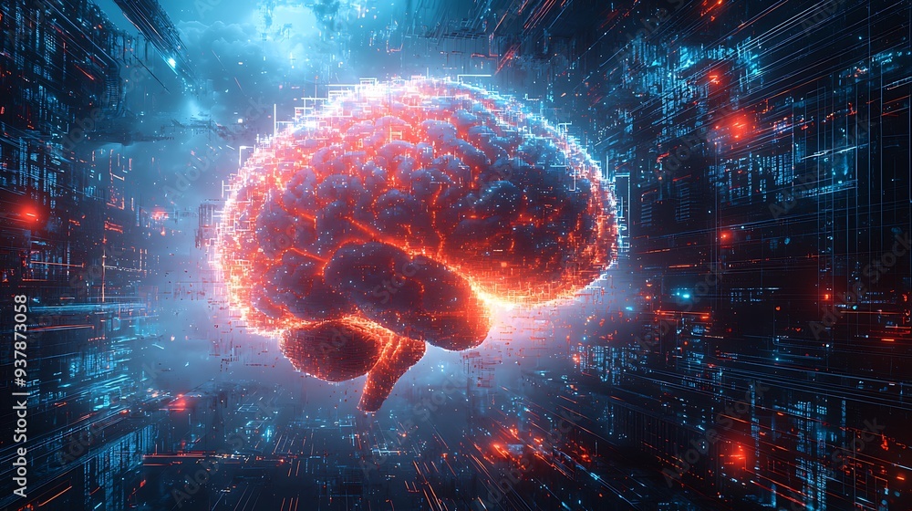 Poster digital brain abstract, illustrating ai, artificial intelligence, technology, and network concepts i