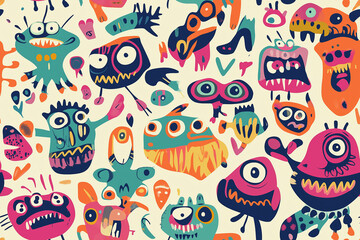 Naklejka premium A quirky seamless pattern featuring colorful, abstract monsters with playful expressions, rendered in bold colors and fun shapes, creating a lively and unique design.