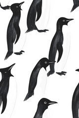 Naklejka premium Elegant seamless pattern with black and white penguins in various poses on a white background, suitable for winter-themed projects or animal lovers.
